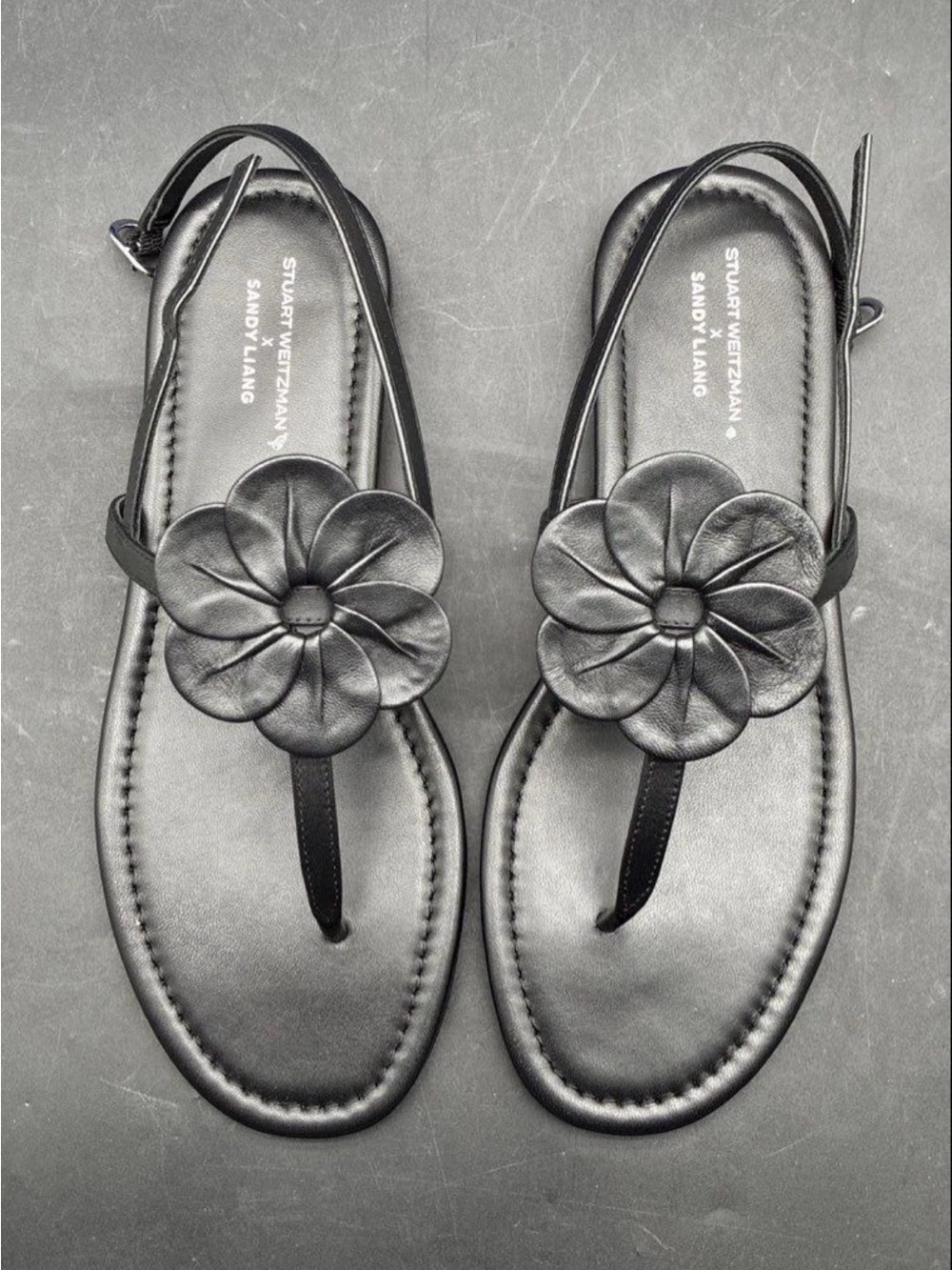 New Stuart Weitzman Sandy Liang Black Leather Flower Sandals 8.5B